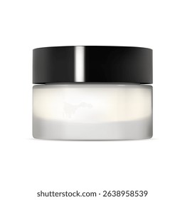 Cosmetic cream container, beauty product blank. Face cream jar with round plastic lid, luxury branding design. Skin balm package blank, simple object mock up. Transparent glass face powder can