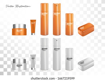 Cosmetic cream containers and tubes for cream, lotion, shampoo, gel, balsam, conditioner, spray. package set, attractive blank containers. Vecior 3d illustration for makeup jar promo, sale, web design