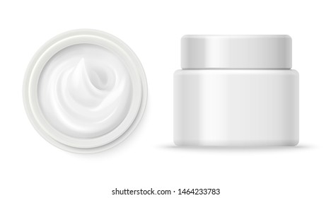 Vector de contenedores de crema estética. Contenedor de crema aislado en fondo blanco. Ilustración del recipiente con crema blanca