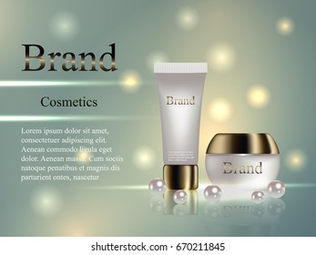 Cosmetic cream with a gold cap on a gentle background with pearls. Design, advertising, banner, vector realistic 3D