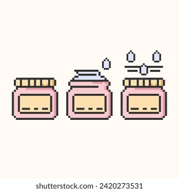 Cosmetic cream icon pixel art set.Dermatology, facial, lotion, balm beauty sign.Closed, open with cream drop and moisturizing symbol.Simple instructions for using.Vector illustration EPS 10