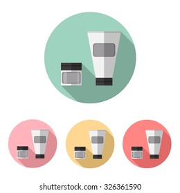 Cosmetic cream icon set. Flat design style modern vector illustration. Isolated on stylish color background. With long shadows.
