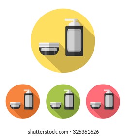 Cosmetic cream icon set. Flat design style modern vector illustration. Isolated on stylish color background. With long shadows.