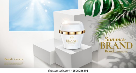 Cosmetic cream jar ad on white square podium with tropical leaves in 3d illustration