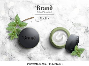 Cosmetic cream jar ads with murky green package and mints element on marble stone table in 3d illustration