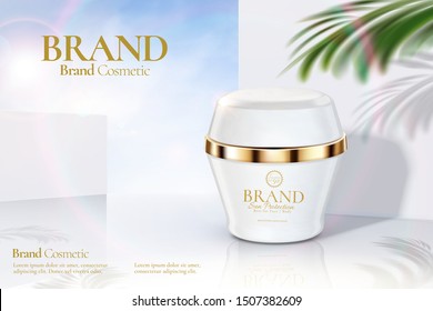 Cosmetic cream jar ads on modern white wall background with tropical leaves in 3d illustration