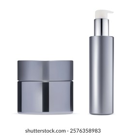 Cosmetic cream jar, airless foundation bottle mockup. Mini pump dispenser, plastic packaging for serum essence with silver top. Face care moisturizer product, face base makeup bottle