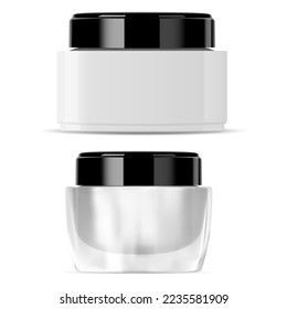 Cosmetic cream jar, face beauty glass container mockup, round vector box with black plastic lid. Transparent creme or body scrub packaging. Makeup blush powder jar template. Hand gel or butter