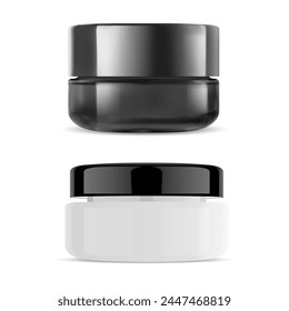 Cosmetic cream jar, isolated vector template blank. Realistic plastic container for face skin care product. Mockup of round scrub jar or lotion packaging for branding design