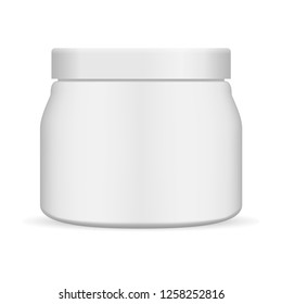 Cosmetic Cream Jar. Matte Plastic Container Vector Can. Simple Round Blank Package for Face Skin Body Creme, Butter, Gel, Powder. Realistic Packaging Mockup with Lid for Medical Balm.