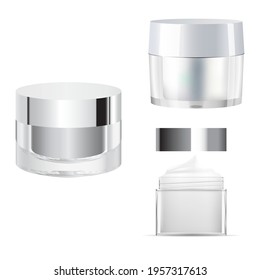 Cosmetic cream jar mcokup. Glass creme packaging blank. Clear 3d template for face powder. Transparent cream bottle, skin care. 3d vector illustration