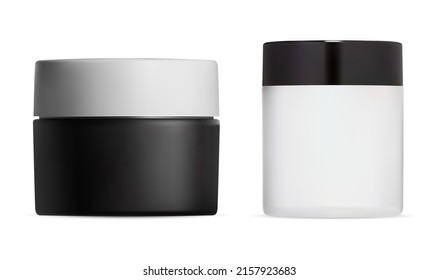 Cosmetic cream jar mockup. Black and white plastic design. Round face cream bottle. Cosmetic product packaging for butter, powder. Skin care gel mock up, realistic packaging set