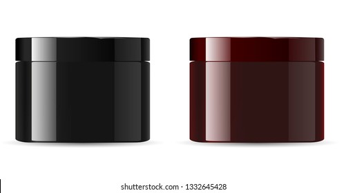 Cosmetic Cream jar mockup packaging. Black, and brown containers for salt, powder, butter. 3d vector design product packaging. Realistic Medical Template.