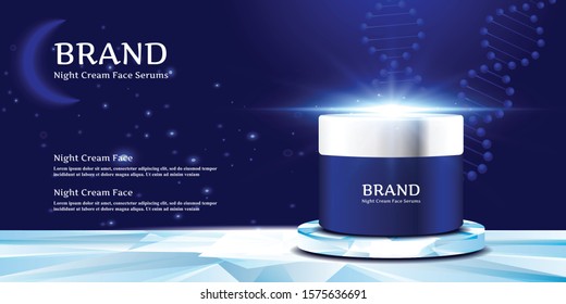 Cosmetic cream jar on the elegant stand with the night sky and moon background vector illustration