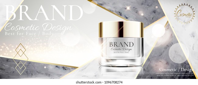 Cosmetic cream jar on marble stone and pearl white background in 3d illustration