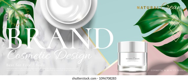 Cosmetic cream jar on marble stone geometry background with tropical leaves in 3d illustration