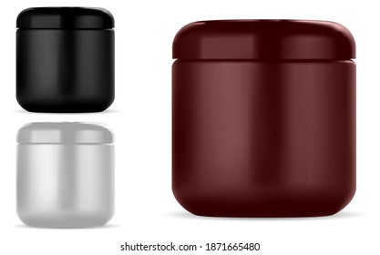 Cosmetic cream jar. Round plastic beauty container mockup for cream or lotion, isolated on white. Glossy packaging for makeup, face butter. Cream jar set, bath product template for logo and cover