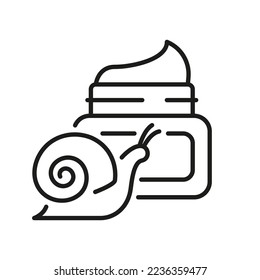 Cosmetic Cream Jar with Snail Line Icon. Nature Collagen Product for Skin Treatment Pictogram. Natural Organic Ingredient for Face Skin Care Symbol. Editable Stroke. Isolated Vector Illustration.