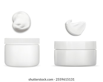 Cosmetic cream jar with cream stroke vector mockup. White plastic makeup product package realistic template illustration with face care scrub texture. Isolated facial treatment smear