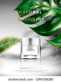 Cosmetic cream jar with tropical leaves decoration in 3d illustration