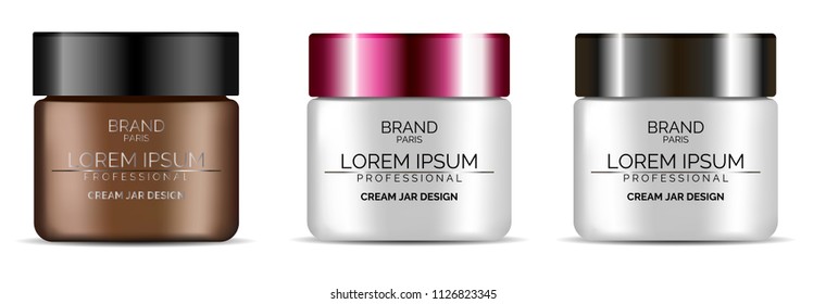 Cosmetic cream jars set. Realistic vector packaging isolated on white background. Skin care product plastic container with lid.