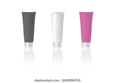 Cosmetic cream or lotion tubes in various colors. Ideal for skincare, packaging, and personal care visuals.