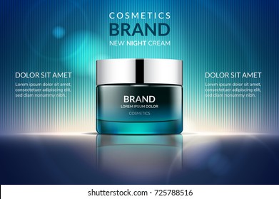 Cosmetic cream, ointment ads, green glossy container, isolated on a modern blue background with light effects, 3d illustration