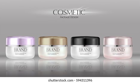 Cosmetic cream package set, attractive blank containers with colorful caps. 3d illustration for makeup promo