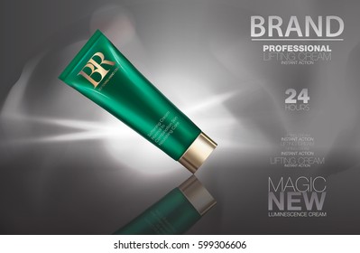 Cosmetic cream package set. Green container on shady gray background. Men's makeup tube ads 3d illustration design