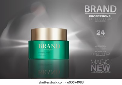 Cosmetic cream package set. Green container on shady gray background. Men's makeup box ads 3d illustration design
