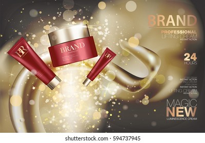 Paquete de crema cosmética. Contenedores rojos con tapas doradas y brillo. Cuadro de maquillaje anuncios diseño de ilustración 3d