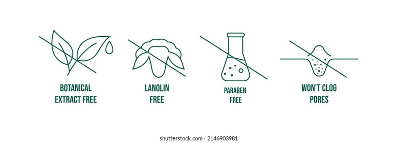 cosmetic cream packaging icon set botanical extracted free, lanolin-free, paraben-free, won't clog pores 