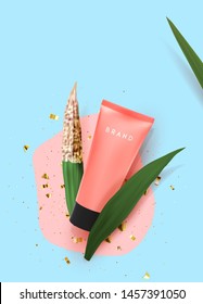 Cosmetic cream in pink tube with tropical plants, Realistic Natural 3d leaves, dry and fresh. Cosmetics brand. Advertising banner, Sale poster. Flat view from top. Vector illustration