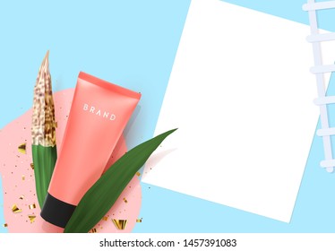 Cosmetic cream in pink tube with tropical plants, Realistic Natural 3d leaves, dry and fresh. Cosmetics brand. Advertising banner, Sale poster. Flat view from top. Vector illustration
