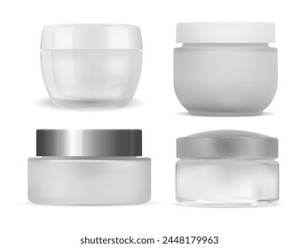 Cosmetic cream plastic jar, face skin care product template, isolated on white. Realistic design of round packaging for skin scrub or gel lotion. Make-up powder tube illustration