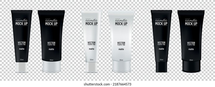 Cosmetic Cream Plastic Tubes - Black And White Realistic Vector Mockup Illustrations Isolated On Transparent Background