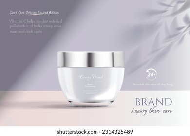 Cosmetic cream product ads against scene background in 3d illustration and leaves shadow. Beauty product advertisement banner.