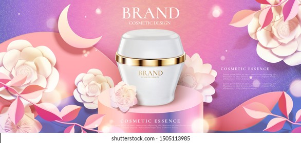 Cosmetic Cream Product Ads On Round Podium And Paper Art Flowers, Purple Background In 3d Illustration