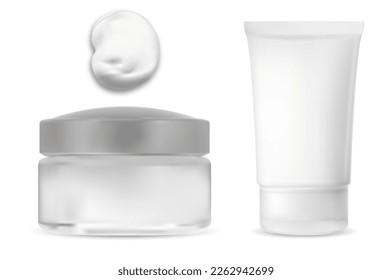 Contenedor de productos de crema cosmética. Frasco de vidrio con tapa de plástico, embalaje blanco. Plantilla de tubo crema de base, paquete de humedad realista. frotis de producto crema, trazo de textura