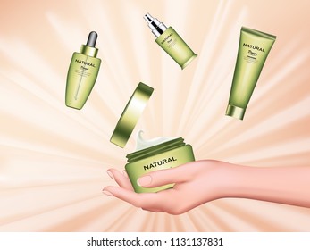 cosmetic cream product design in package spray, bottle, tube, dropper concept natural health and herb essence of natural extract use with to body skin girl beautiful on sun light background vector 
