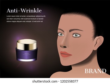 Cosmetic cream with purple aura and lady face on dark background