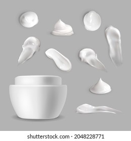 Cosmetic cream realistic brush strokes. White creamy skin care lotion drop and jar, beauty product serum thick fresh smooth smear, blank container side view, vector 3d isolated set