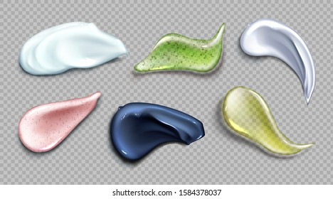 Cosmetic cream and scrub smear realistic set of vector illustrations. Gel, scrub with small particles and grains, cosmetic face mask or serum texture smudge swatch isolated on transparent background