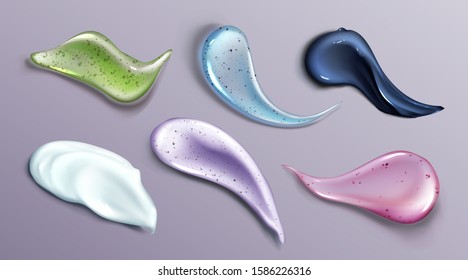 Cosmetic cream and scrub smear realistic set of vector illustrations. Gel, scrub with small particles and grains, cosmetic face mask or serum texture smudge swatch isolated on transparent background