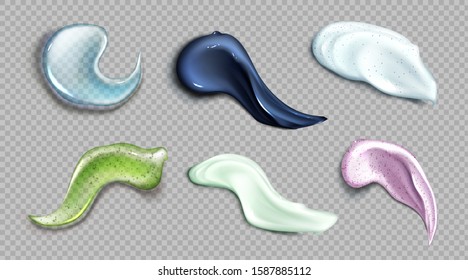 Cosmetic cream and scrub smear realistic set of vector illustrations. Gel, scrub with small particles and grains, cosmetic face mask or serum texture smudge swatch isolated on transparent background