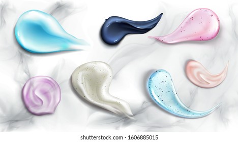 Cosmetic cream and scrub smear realistic set vector illustrations. Gel, scrub with small particles and grains, cosmetic face mask or serum texture smudge swatch isolated on white marble background