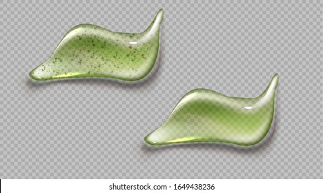 Cosmetic cream and scrub smear realistic set of vector illustrations. Gel, scrub with small particles and grains, cosmetic face mask or serum texture smudge swatch isolated on transparent background