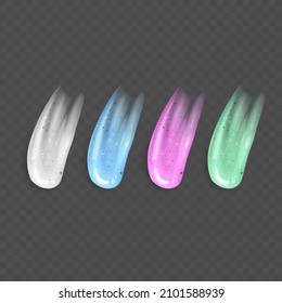 Cosmetic cream and scrub smear set of Gel, scrub with small particles and grains, cosmetic face mask or serum texture smudge swatch isolated on transparent background