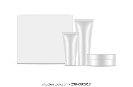 Conjunto De Crema Cosmética. Caja de embalajes, Tubos y Jar, Aislados sobre fondo blanco. Ilustración vectorial