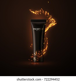 Cosmetic cream or shower gel packaging design. Fashion skin care advertising poster. Black cream tube with fire sparkles. Skincare cosmetic product. 3d realistic vector illustration